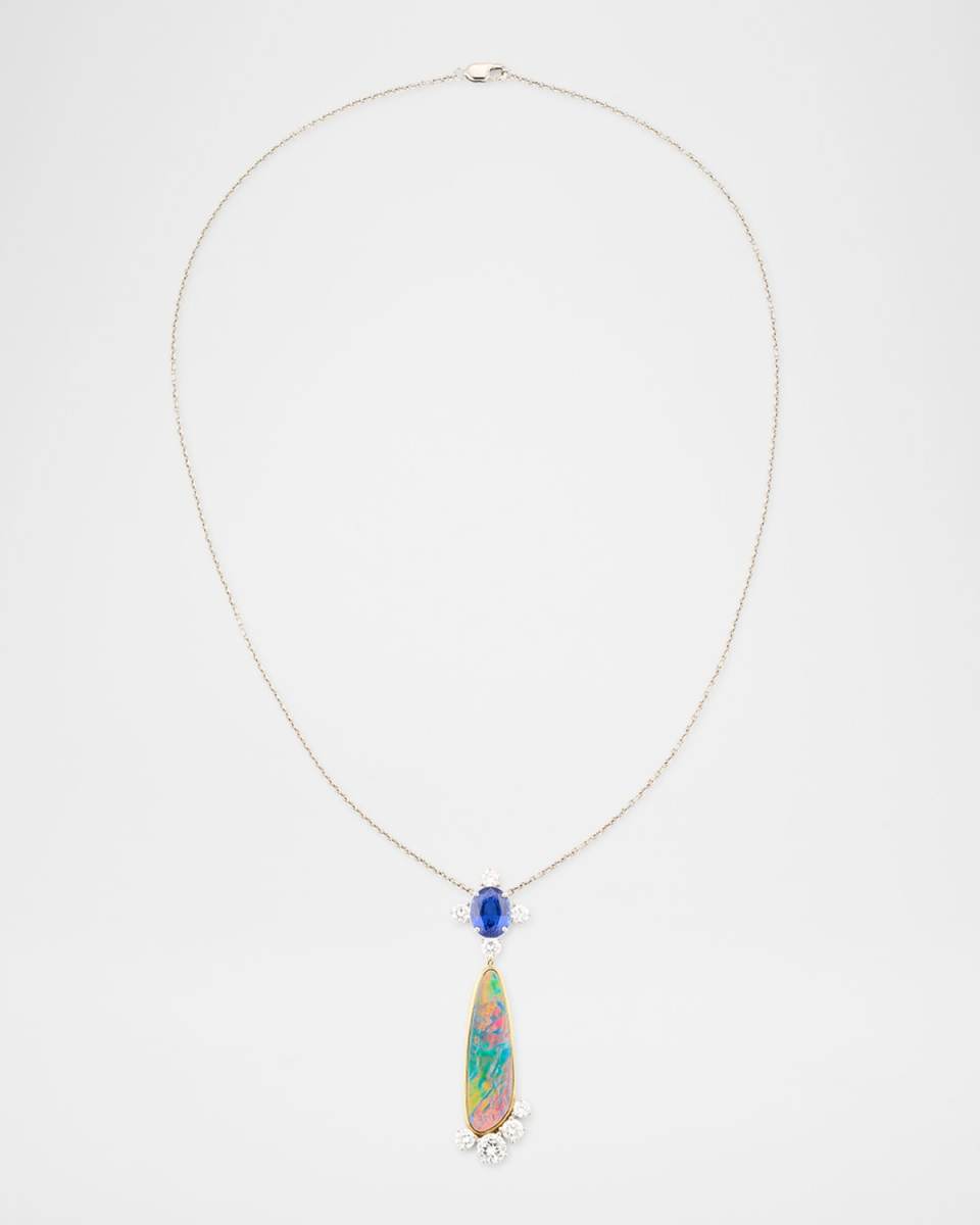 Platinum 18K Yellow Gold Diamond, Sapphire and Opal Pendant